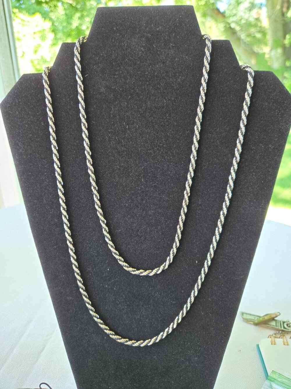 2 Silver Tone and Black Rope Chain Necklaces late 80s